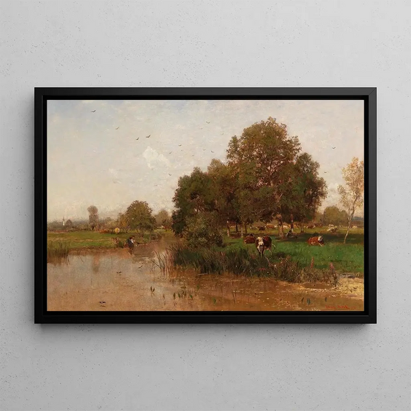 River landscape painting with resting cows - Eugen Jettel — framed artwork on a wall