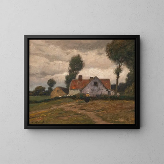 a Farm in a Stormy Landscape - Eugen Kampf — framed artwork on a wall