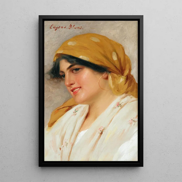 A girl with a yellow scarf - Eugen von Blaas — framed artwork on a wall