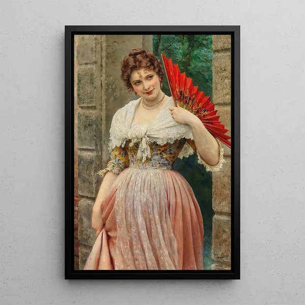 A young woman with a red fan - Eugen von Blaas — framed artwork on a wall