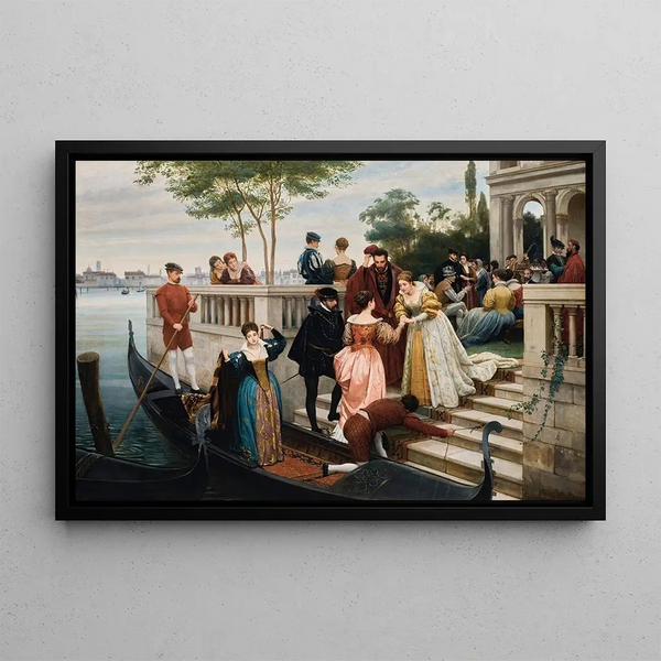 Arrival for the Ball, Murano - Eugen von Blaas — framed artwork on a wall