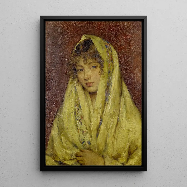Girl with a Yellow Shawl - Eugen von Blaas — framed artwork on a wall
