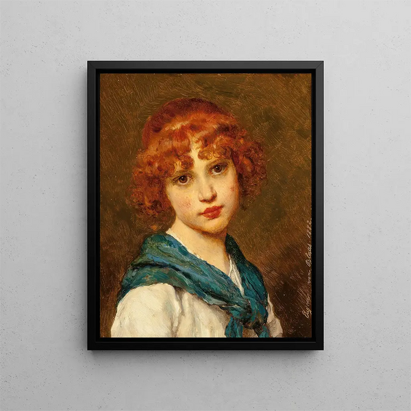Girl with a Blue Scarf - Eugen von Blaas — framed artwork on a wall