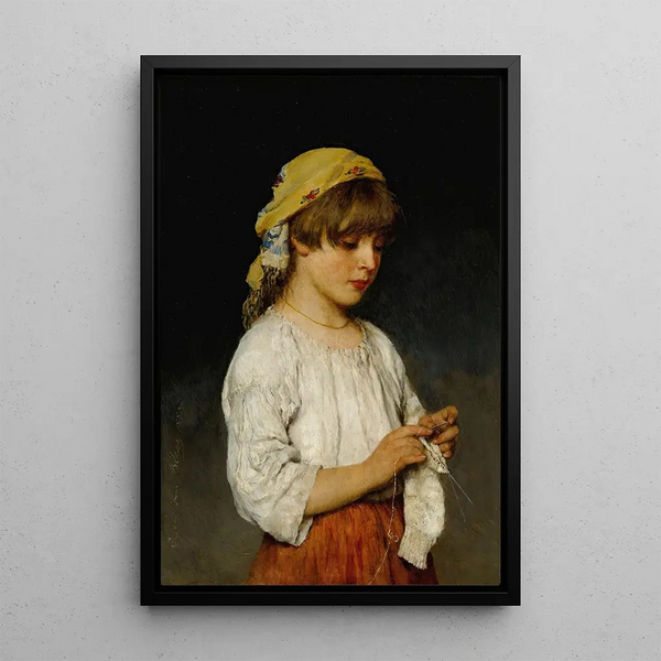 Young girl knitting with a scarf - Eugen von Blaas — framed artwork on a wall
