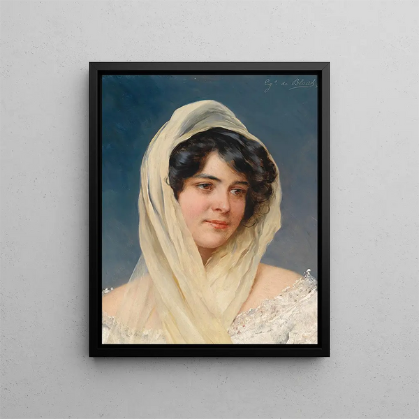 Portrait of a young woman with a veil - Eugen von Blaas — framed artwork on a wall