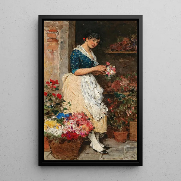 Young Venetian girl with flowers - Eugen von Blaas — framed artwork on a wall