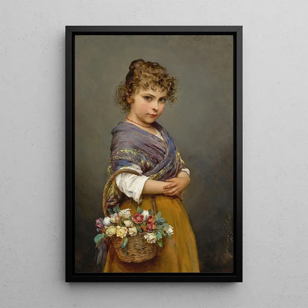 Young girl with a basket of flowers - Eugen von Blaas — framed artwork on a wall