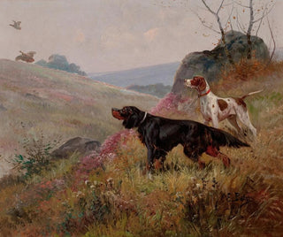 Landscape painting with a spaniel and a setter - Eugène Petit — artwork view