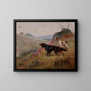 Landscape painting with a spaniel and a setter - Eugène Petit — framed artwork on a wall