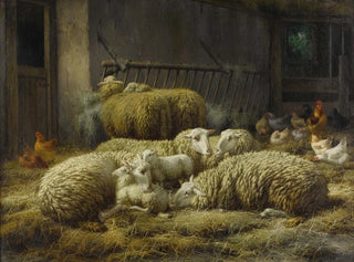 Moutons et poules dans une grange - Eugène Remy Maes — artwork view