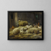 Moutons et poules dans une grange - Eugène Remy Maes — framed artwork on a wall
