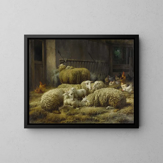 Moutons et poules dans une grange - Eugène Remy Maes — framed artwork on a wall