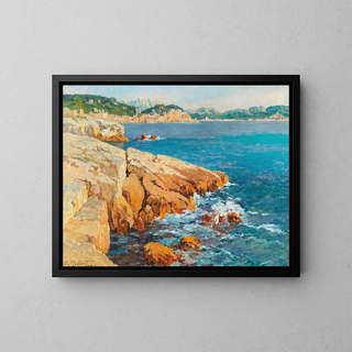 a coastal landscape in the south of France - Eugène Robert — framed artwork on a wall