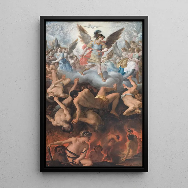 The Fall of the Rebel Angels - Eugenio Cajés — framed artwork on a wall
