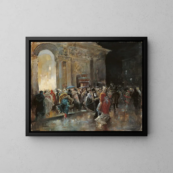 Arrival at the theater on the night of a masked ball - Eugenio Lucas Villamil — framed artwork on a wall