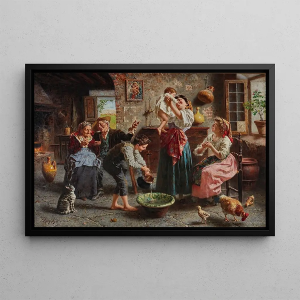 The baby's bath - Eugenio Zampighi — framed artwork on a wall