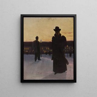Street scene painting at dusk - Eugeniusz Ludwik Dąbrowa-Dąbrowski — framed artwork on a wall