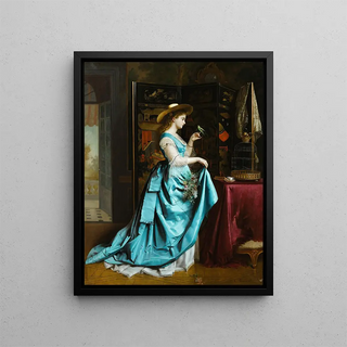 Young woman with a parrot - Eugène Accard — framed artwork on a wall
