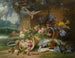 Floral still life painting with doves and wisteria in the gardens of a rural estate - Eugène Bidau — artwork view