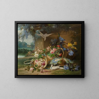 Floral still life painting with doves and wisteria in the gardens of a rural estate - Eugène Bidau — framed artwork on a wall