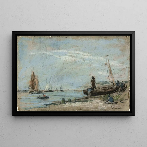 Beach with fishing boats - Eugène Boudin — framed artwork on a wall