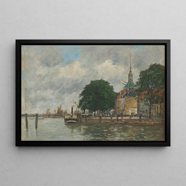Dordrecht painting, a port quay - Eugène Boudin — framed artwork on a wall