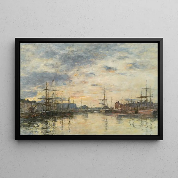 Fécamp painting, the basin at sunset - Eugène Boudin — framed artwork on a wall