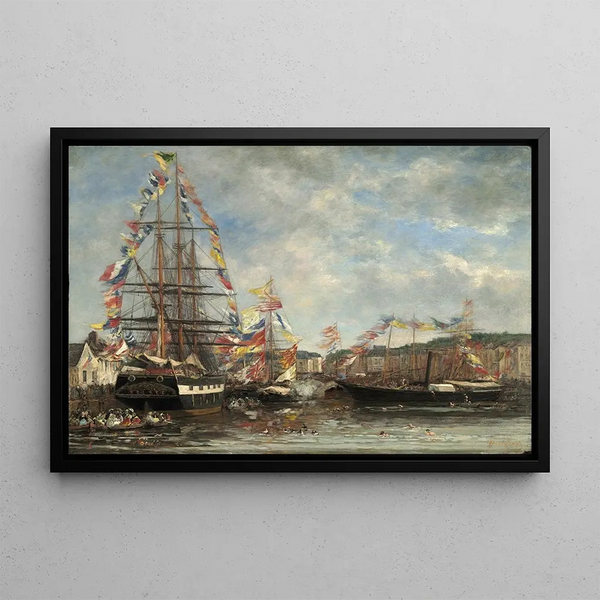 Festival dans le port de Honfleur - Eugène Boudin — framed artwork on a wall