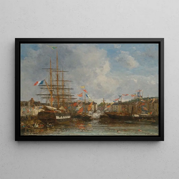 Celebration in the Honfleur Basin - Eugène Boudin — framed artwork on a wall