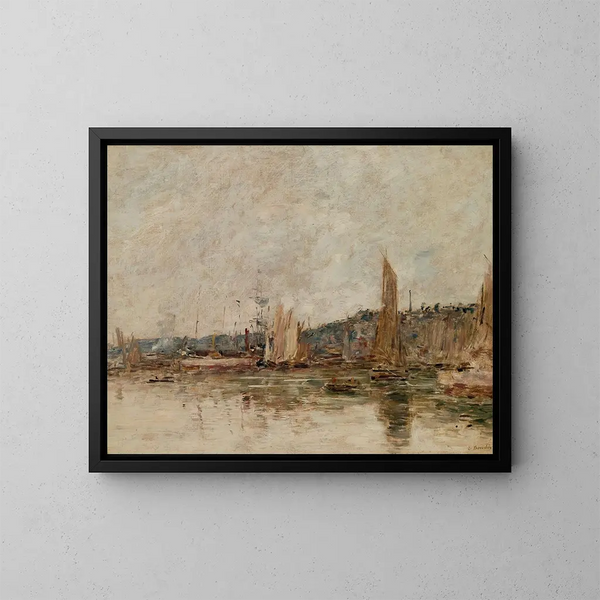 Honfleur painting, the port in the morning - Eugène Boudin — framed artwork on a wall