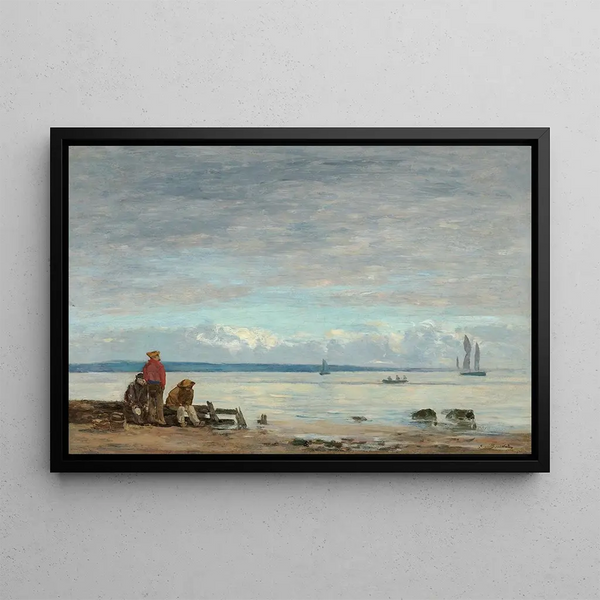 Honfleur Painting, fishermen on the beach - Eugène Boudin — framed artwork on a wall