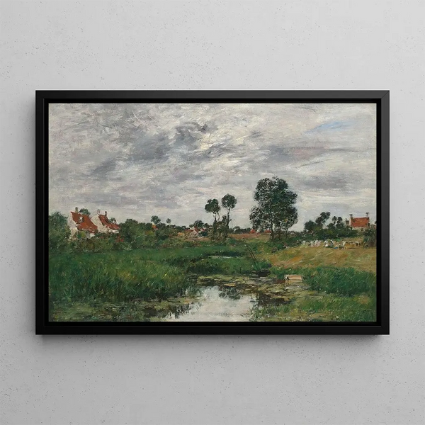 La maison du fermier, environs de Dunkerque (Conflit de cas) - Eugène Boudin — framed artwork on a wall