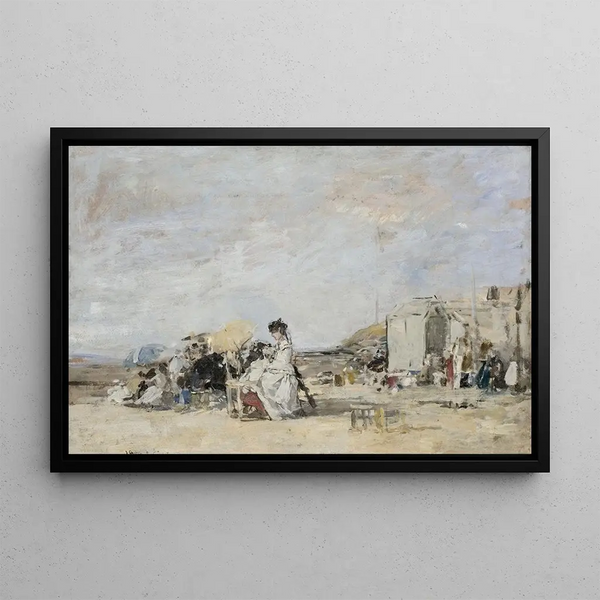 Dame en blanc sur la plage de Trouville - Eugène Boudin — framed artwork on a wall