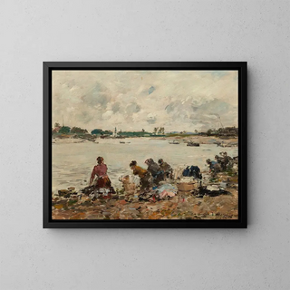 Washers by the Touques River - Eugène Boudin — framed artwork on a wall
