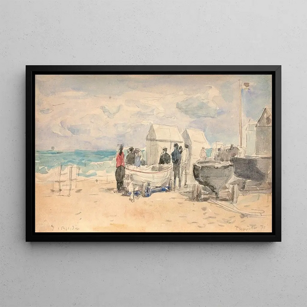 Les canots sur la plage de Trouville - Eugène Boudin — framed artwork on a wall