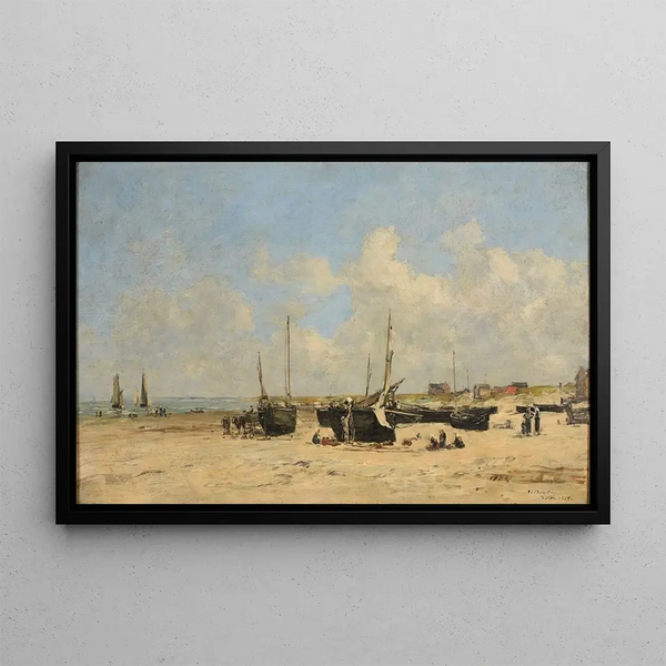Beach at Berck, low tide - Eugène Boudin — framed artwork on a wall