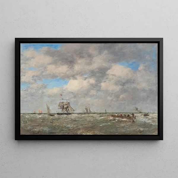 Full Sea, the Lightermen - Eugène Boudin — framed artwork on a wall