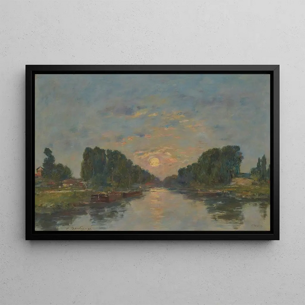 Saint-Valery-sur-Somme painting, moon effect on the canal - Eugène Boudin — framed artwork on a wall