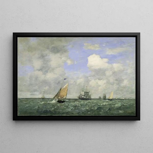 Ships and Sailboats Leaving Le Havre - Eugène Boudin — framed artwork on a wall