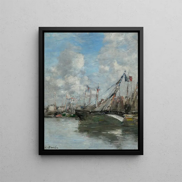 Trouville Painting, stranded boats - Eugène Boudin — framed artwork on a wall