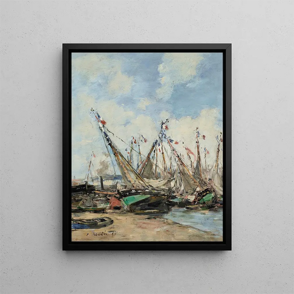 Trouville, the port, grounded sailboats - Eugène Boudin — framed artwork on a wall