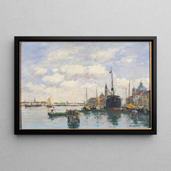 Marine landscape painting at the Giudecca, Venice - Eugène Boudin — framed artwork on a wall