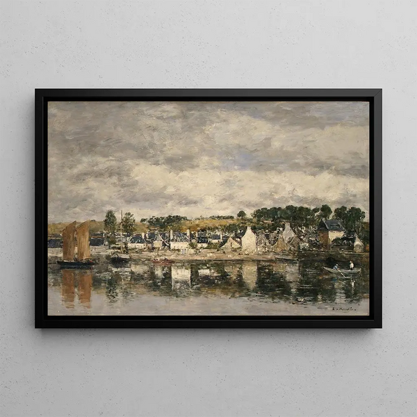 Village by a Riverbank - Eugène Boudin — framed artwork on a wall