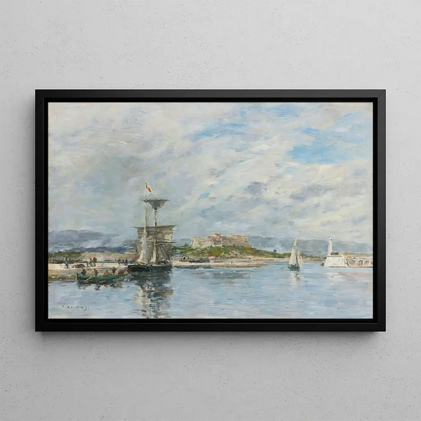 View of the Antibes port, the quay in the morning - Eugène Boudin — framed artwork on a wall
