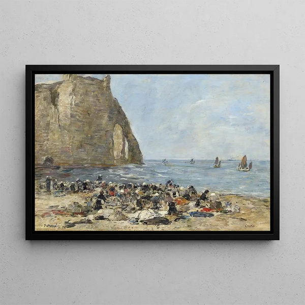 Lavandières sur la Plage d'Étretat - Eugène Boudin — framed artwork on a wall
