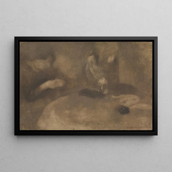 Women sewing at a table - Eugène Carrière — framed artwork on a wall