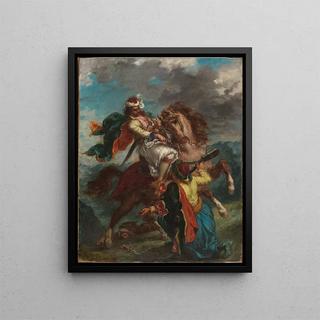 A Turk Surrenders to a Greek Cavalier - Eugène Delacroix — framed artwork on a wall