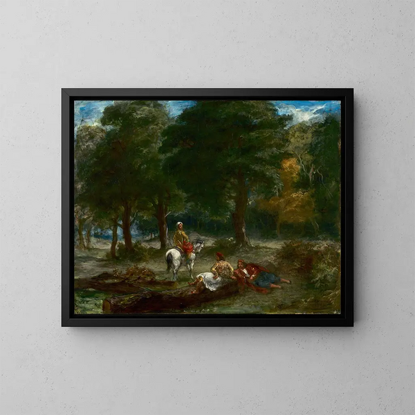 Greek Cavaliers resting in the forest - Eugène Delacroix — framed artwork on a wall