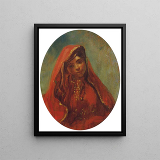 Portrait painting of a half-length Moroccan woman - Eugène Delacroix — framed artwork on a wall