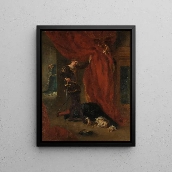 Hamlet before Polonius's body - Eugène Delacroix — framed artwork on a wall